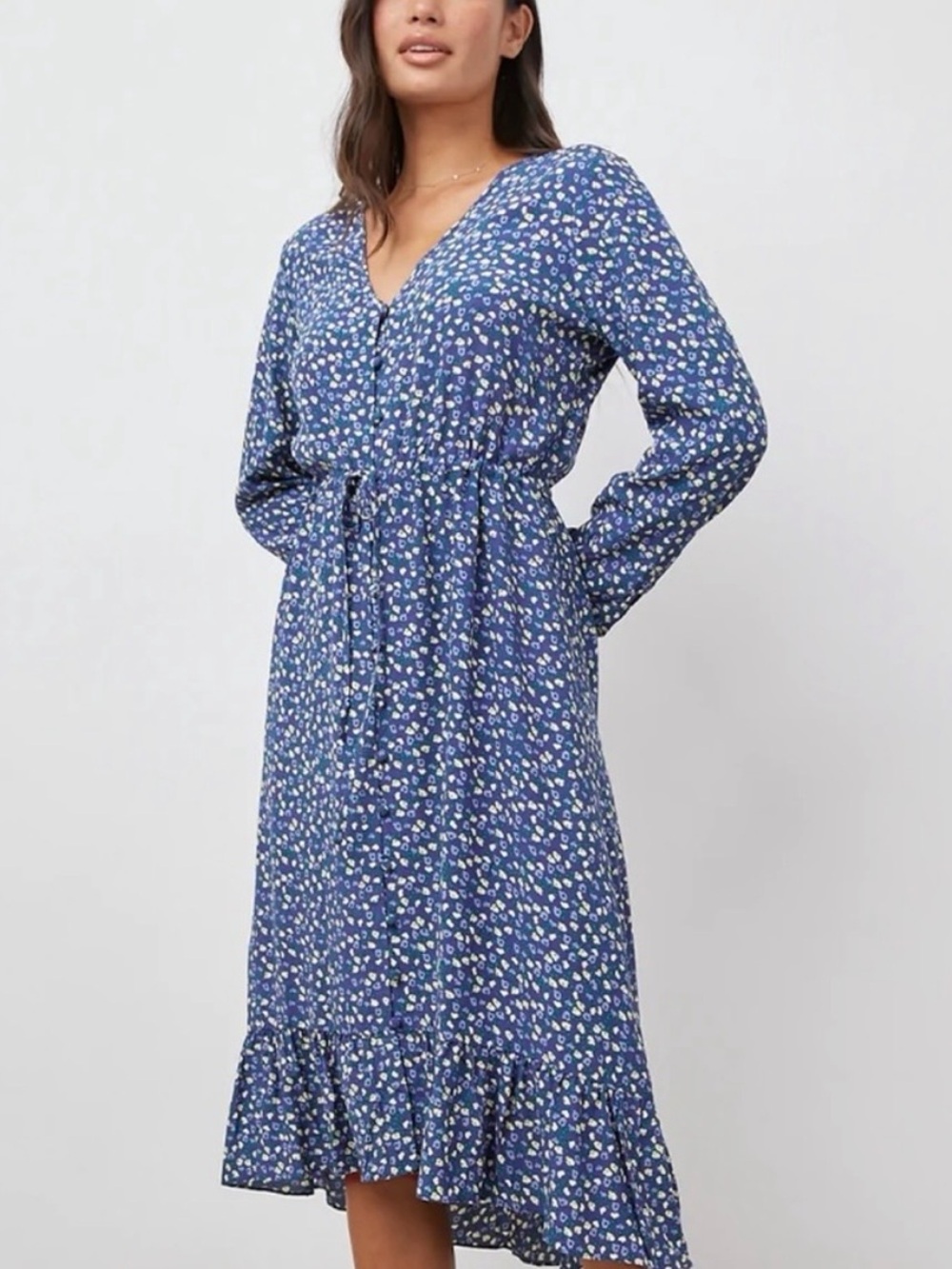 Rails Jade Dress Navy Ditsy Floral Button Front Hi-Low Ruffle Hem Size Medium - Picture 2 of 13